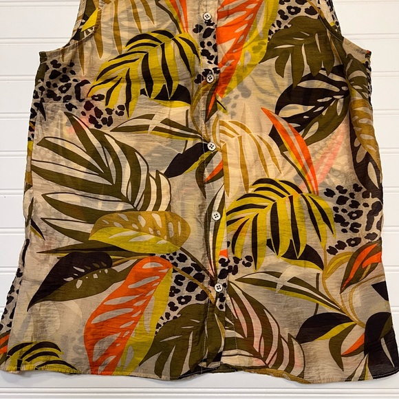 CAbi Bali Top Sleeveless Button Down Tropical Leaf Pattern Tan & Orange Size XS - Picture 5 of 12